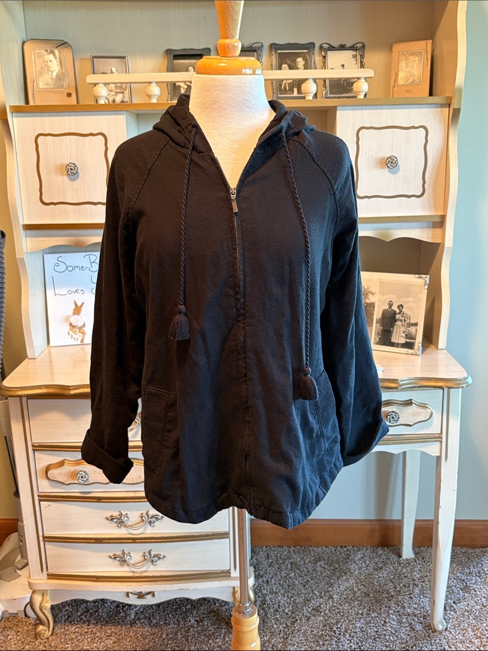 Westbound Black Linen Women's Zip Front Hooded Jacket